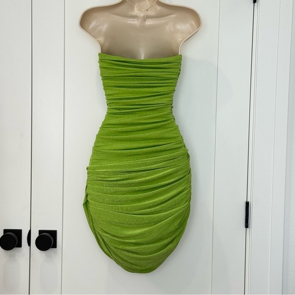 Baobab Irene Mini Dress Strapless Draped Green Shimmer Small Bodycon Chic Party - Picture 5 of 13
